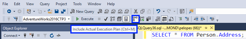 SQL Server Management Studio showing how to enable Execution Plan