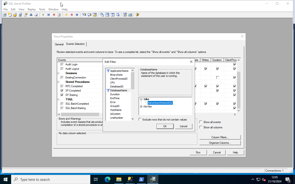 SQL Server Profiler - Edit Filter