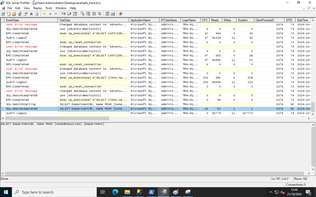 SQL Server Profiler - Trace Results