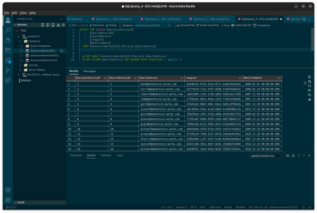 Azure Data Studio with email unmasked.